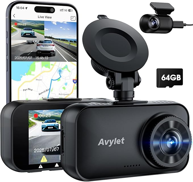 Avylet 4K/2.5K+1080P Dash Cam Front and Rear, 5G WiFi APP Dash Camera for Cars with 64GB Card, ADAS Lane Assist, 2.7”IPS Scre