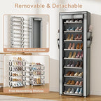 VILICK Shoe Rack with Cover Narrow Shoe Rack Organizer with 4 Side Pockets 10 Tier Tall Shoe Storage Shoe Shelf Holds 18-22 P