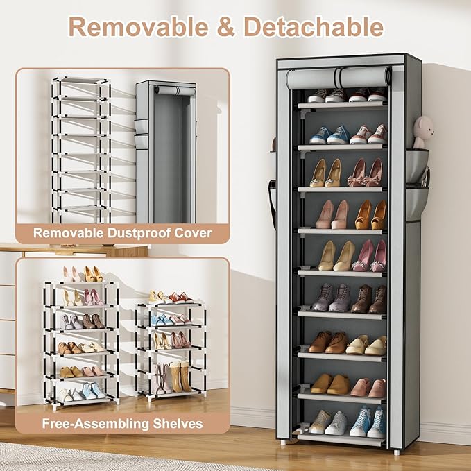 VILICK Shoe Rack with Cover Narrow Shoe Rack Organizer with 4 Side Pockets 10 Tier Tall Shoe Storage Shoe Shelf Holds 18-22 P