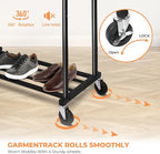 Fishat Stand Portable Black Double Rods Garment Clothes Rack with Rolling and Lockable Wheels Mobile, 48" W x 15" D x 67" H, 