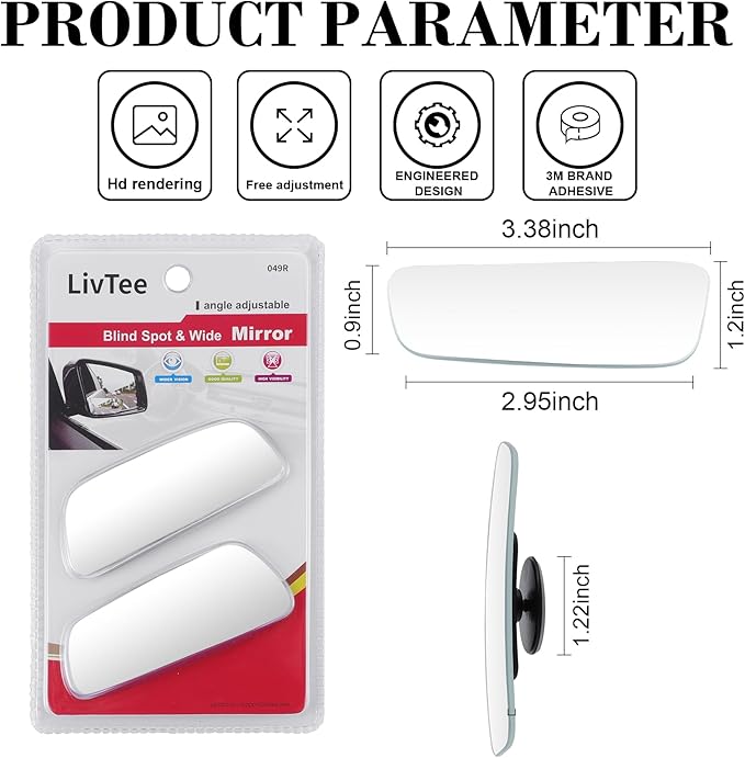 LivTee Blind Spot Mirror, Rectangular Shaped HD Glass Frameless Convex Rear View Mirror with wide angle Adjustable Stick for Cars SUV and Trucks, Pack of 2