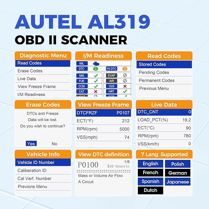 Autel Professional OBD2 Scanner AL319 Code Reader, Enhanced Check and Reset Engine Fault Code, Live Data, Freeze Frame, CAN Car