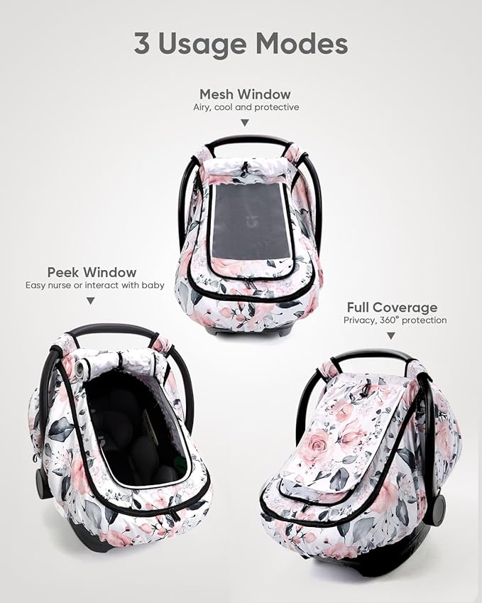 Car Seat Cover Baby Girls, Infant Car Seat Canopy Outdoor, 2 Layers with Mesh and Sun Shade Window for Summer Winter, Easy Ac