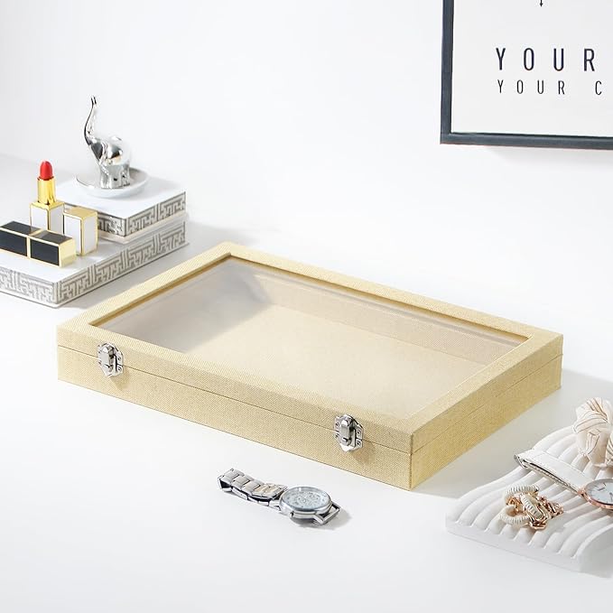 Coward Jewelry Organizer Box, Yellow Linen Blank Display Tray Case with Lid for Storage Necklaces Bracelets Rings Beads and J
