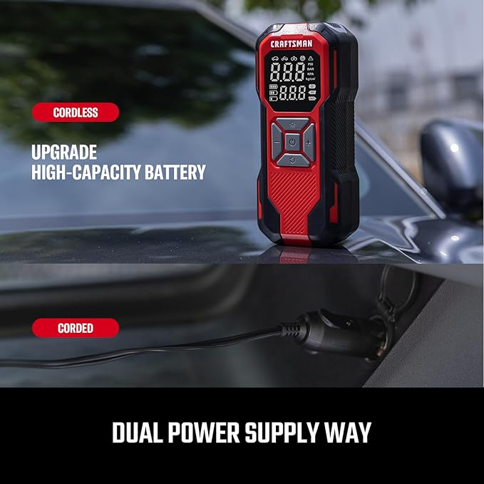 Craftsman Tire Inflator Portable Air Compressor - 20V Cordless Air Pump for Car Tires, 150PSI Upgrade High-Capacity Battery, Auto Shutoff Portable Tire Inflator for Car, LED Gauge & 12V DC Corded