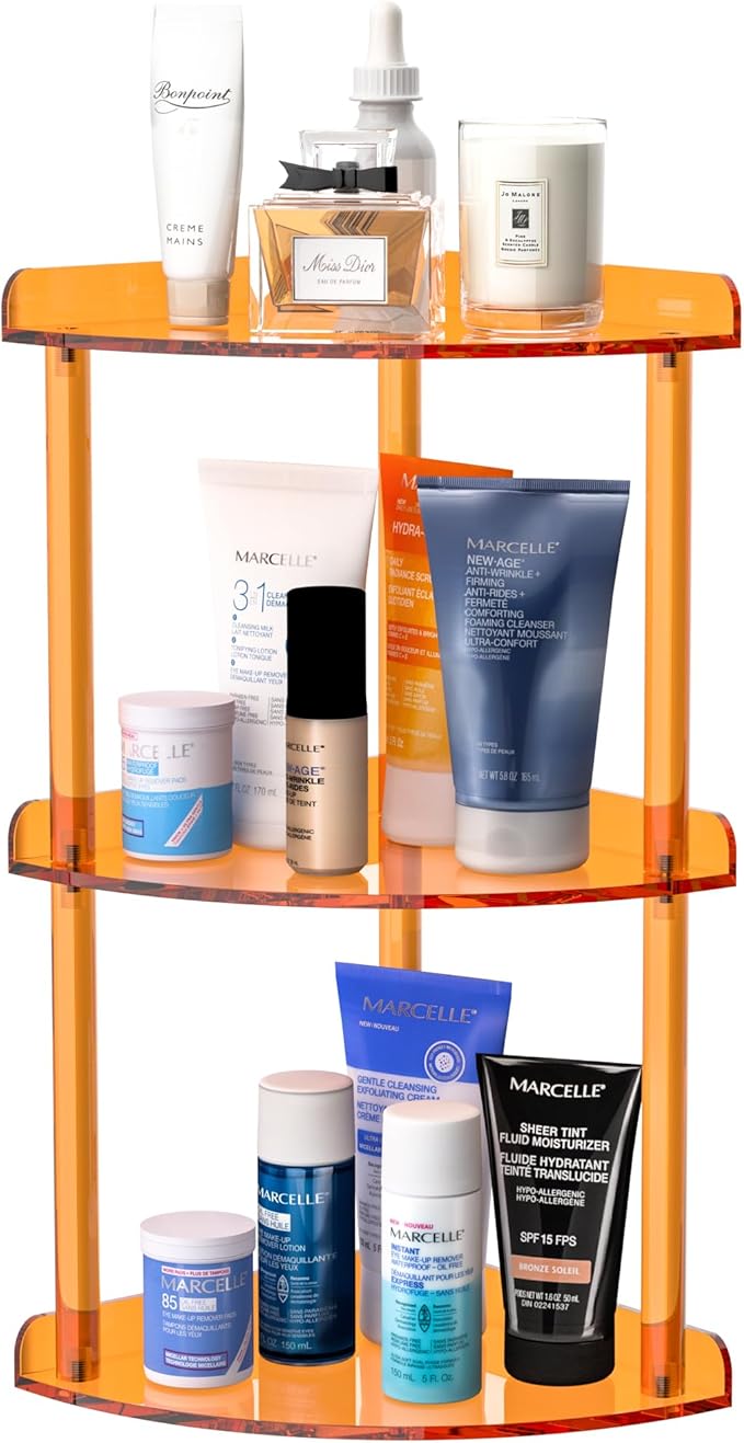 Sezanrpt 3 Tier Countertop Corner Organizer Shelf 7x7x15.7 Inch, Orange Countertop Acrylic Bathroom Corner Shelf, Vanity Stor