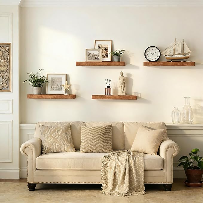 15.7 inch Rustic Brown Floating Shelves Set of 2, Solid Wood Wall Mounted Shelves, Heavy Duty Display Storage Shelves for Bed