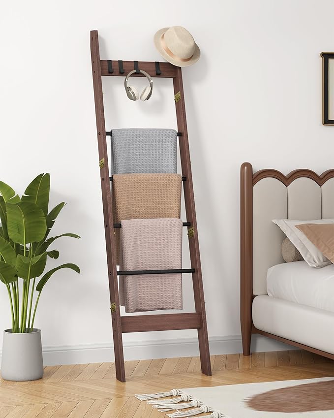 Hzuaneri Blanket Ladder for Living Room, Decorative Quilt Rack with 4 Removable Hooks, 6-Tier Farmhouse Ladder Holder Shelf O