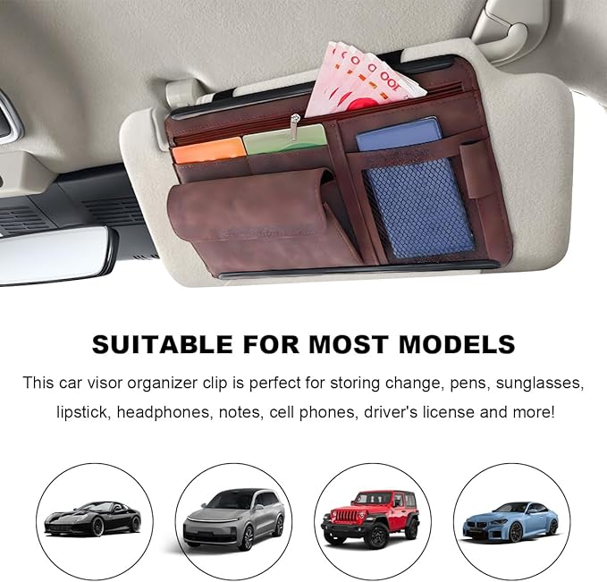 Car Sun Visor Organizer, Leather Sun Visor Pocket Organizer Case with Multi-Pocket Net Zipper, Suede Note Holder Car Visor Storage Pouch for Card Pen Sunglasses Document (Brown)