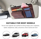 Car Sun Visor Organizer, Leather Sun Visor Pocket Organizer Case with Multi-Pocket Net Zipper, Suede Note Holder Car Visor Storage Pouch for Card Pen Sunglasses Document (Brown)