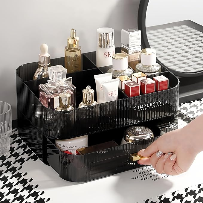 Makeup Organizer for Vanity, Large Desk Organizer with Stackable Drawer for Cosmetics, Skincare, Lipsticks, Palette, Nail Car
