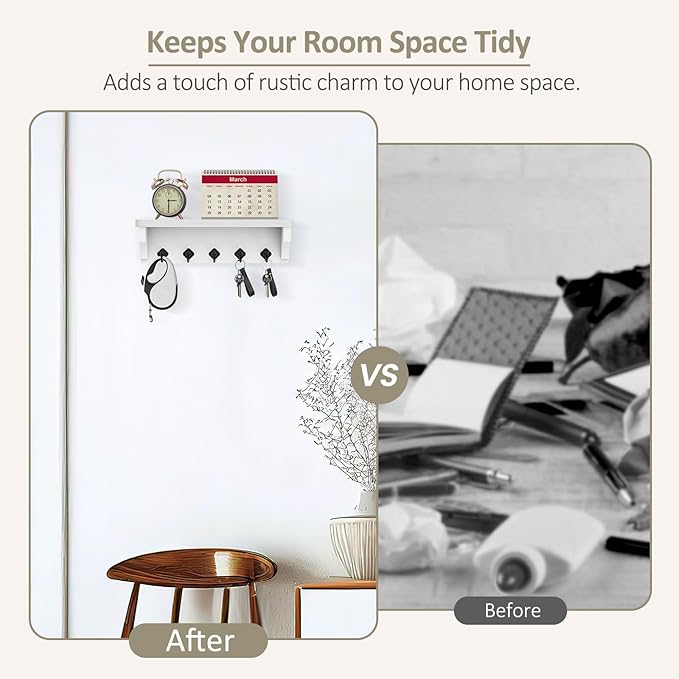 Nekon Key Holder for Wall, 11.8" W x 3.5" H x 2.8" D Decorative Key Organizer with Floating Shelf, Wall Mount Key Rack with 5