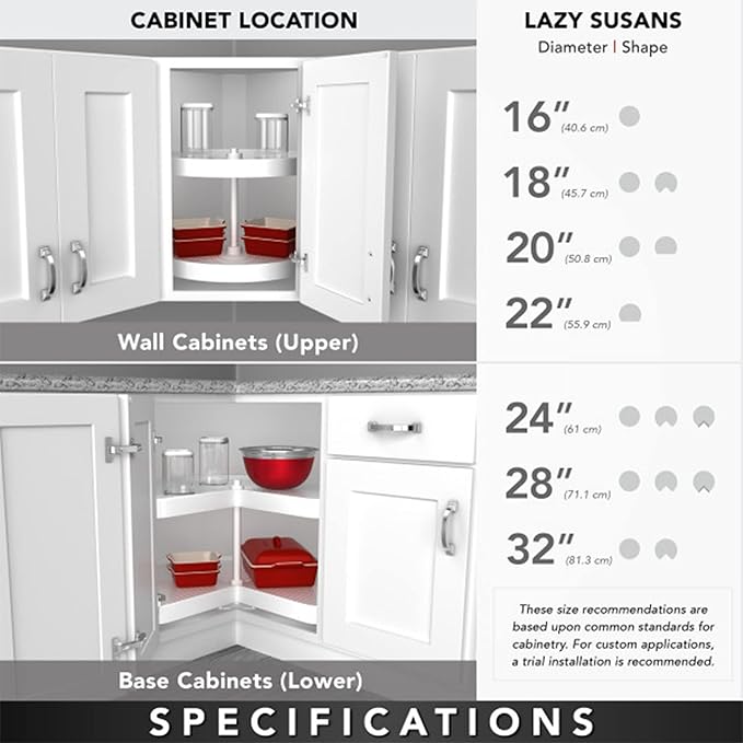 Rev-A-Shelf 28" Dual Tier Pie-Cut Lazy Susan Organizer for Base Corner Kitchen Cabinets, Two Plastic Home Storage Shelves, Al