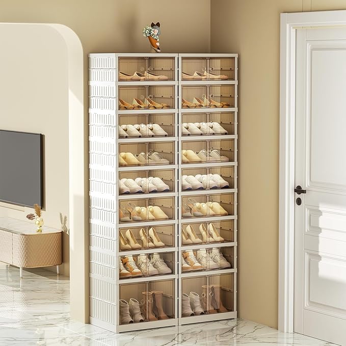 SYNCVIBE Collapsible Shoe Rack Organizer 9 Tiers-36 Pairs Foldable Shoe Cabinet with Doors, Large Plastic Folding Shoe Cabine