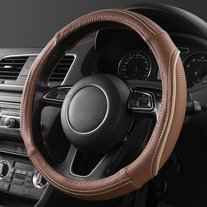 CAR PASS Brown Delux Leather Steering Wheel Cover, Universal Fit for Suvs,Sedans,Vans,Small Trucks for 14.5" to 15"(Brown & B