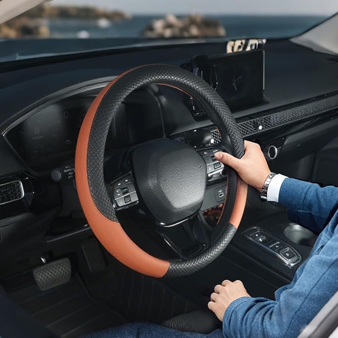 LABBYWAY Car Steering Wheel Cover, Leather, Universal 15 Inch Fit, Anti-Slip & Odor-Free,Brown