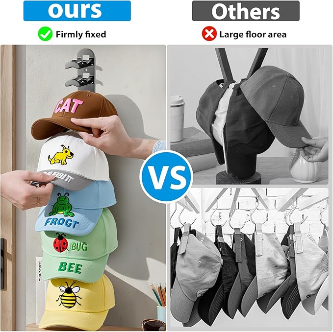 4 Pack Hat Organizer for Baseball Caps, Hat Rack for Wall Hold Up to 40 Hats, Hat Holder with Strong Adhesive and Screws,Cap 