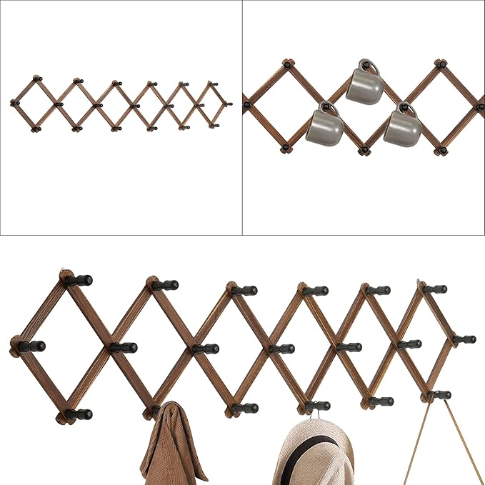 WGFKVAS Expandable Coat Rack, Accordion Wall Hangers, 19 Hooks Wooden Hat Rack Wall Mounted, Hat Hooks for Keys, Coffee Mug, 