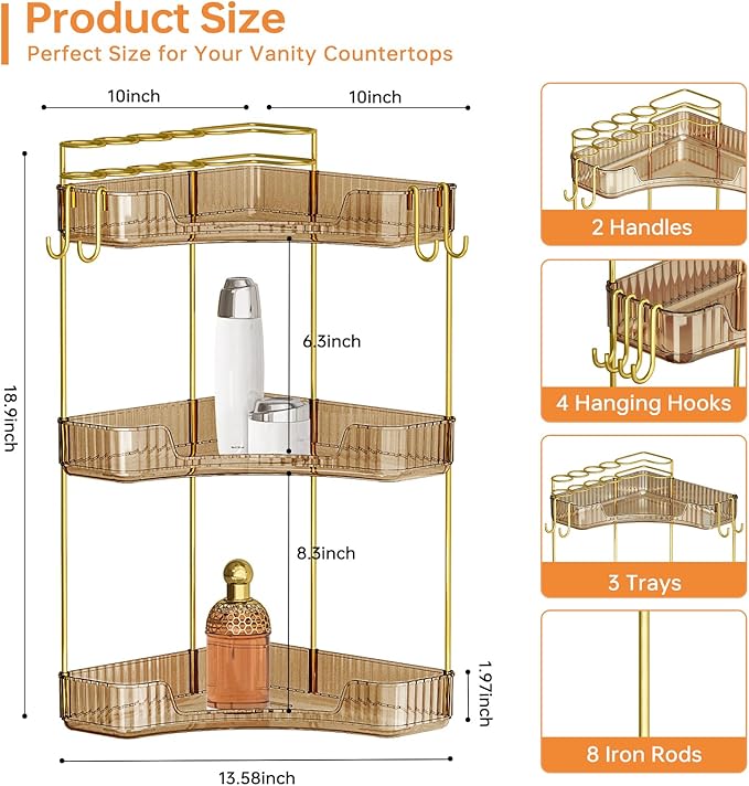 3-Tier Corner Bathroom Counter Organizer，Makeup & Skincare Shelf with Built-in Brush Holder，Space-Saving Bathroom Countertop 