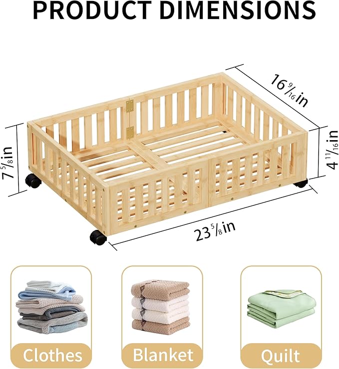 Bamboo Under Bed Storage with Wheels,Rolling Underbed Shoe Organizer Box for Shoes,Blankets,Toys,Clothes Container Space-Savi
