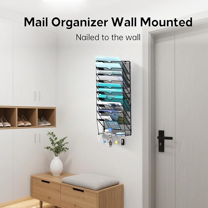 11 Tier Wall File Organizer - Hanging File Organizer with 5 Hooks, Mail Holder Wall Mounted for Papers, Folders, Magazines, B