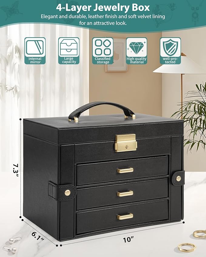 AKOZLIN Large 4-Tier Jewelry Box Leather Jewelry Storage Organizer with 3 Drawers Lockable for Women Girls Ring Necklace Earr