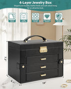 AKOZLIN Large 4-Tier Jewelry Box Leather Jewelry Storage Organizer with 3 Drawers Lockable for Women Girls Ring Necklace Earr