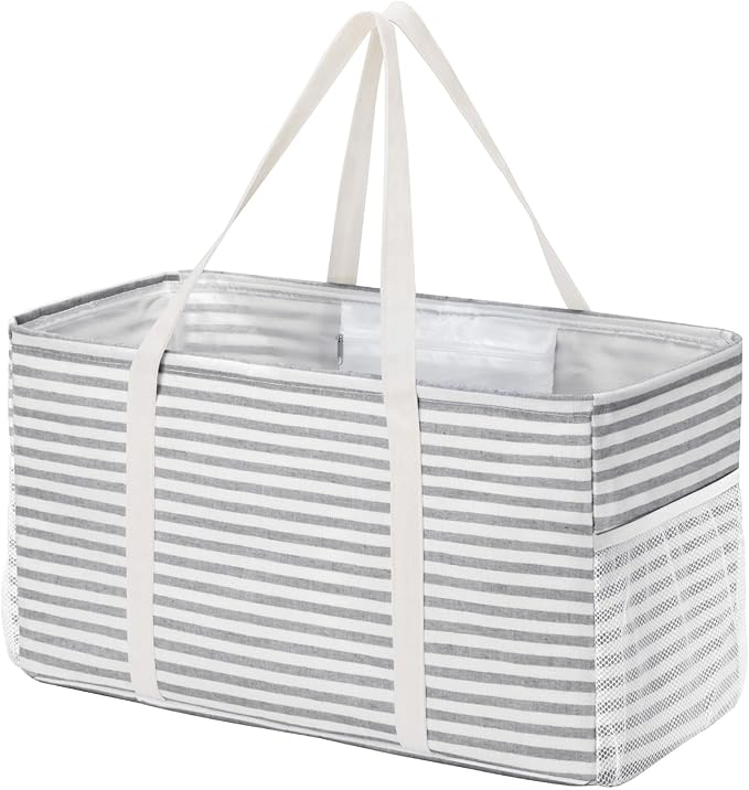 Lifewit Extra Large Tote Bag, Reusable Grocery Bags with Metal Wire Frame and Handles, Standing Utility Foldable Shopping Bags for Storage, Picnics, Beach, Laundry, Car, 46L, 1 Pack, Gray