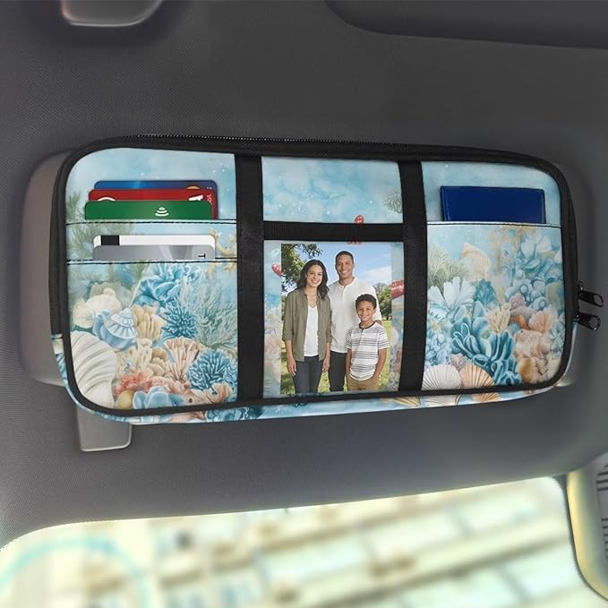 Cute Starfish Car Sun Visor Organizer with Big Zipper Pocket Car Sun Visor Storage Bag Easy Installation Universal Size Fit for Most Cars SUV