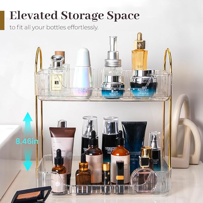 Aveniee Bathroom Counter Organizer, 2 Tier Perfume Skin Care Countertop Storage Shelf, Vanity Makeup Tray for Cosmetic Skinca