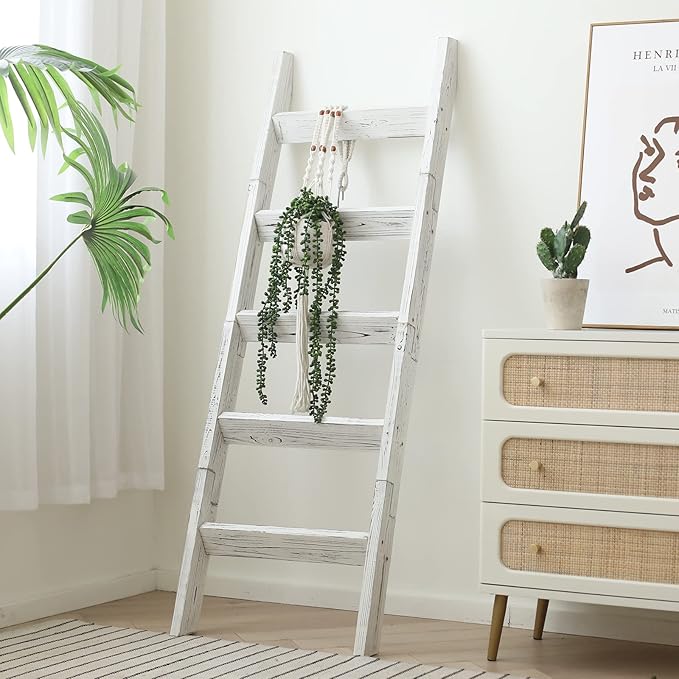 FUIN 5ft Wood Blanket Ladder Living Room Decorative Wall Leaning Farmhouse Quilt Display Holder Storage Wooden Towel Rack for