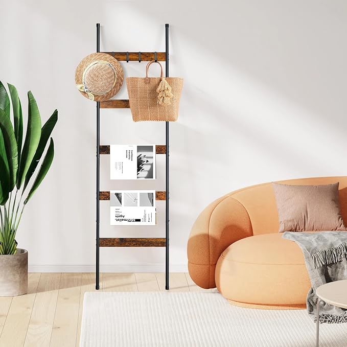 ELYKEN Blanket Ladder for Living Room, Farmhouse 5-Tier Quilt Holder with 4 Removable Hooks for Bathroom, Wood Towel Rack Dis