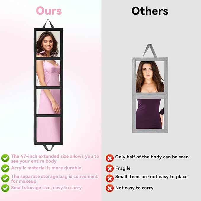 ROYALAY Foldable Full Length Mirror with Handle, 47 * 13in Four-fold Portable Mirror for Travel Makeup Dancing and Fitting Cl