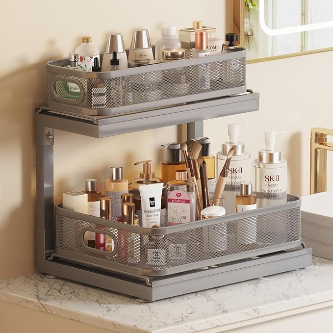 1-Pack Under Sink Storage Organizer with 2-Tier Slide Out Drawer, Sophisticated Mesh Pull Out Shelf for Kitchen & Bathroom, F