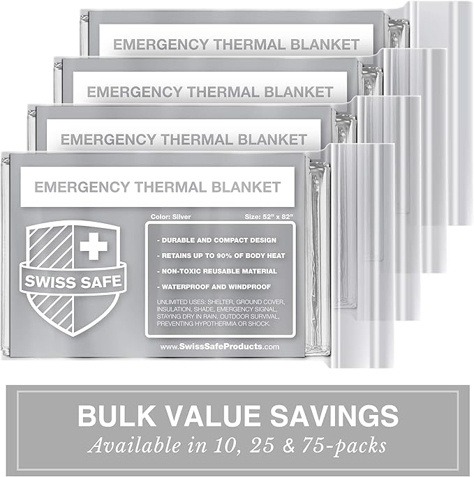 Swiss Safe Emergency Mylar Thermal Blankets + Bonus Space Blanket - Compact & Insulated for Cold Weather - Designed for NASA,