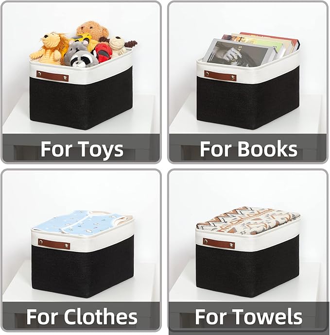 HNZIGE Large Storage Baskets (3 Pack) - Fabric Bins with Leather Handles, Foldable for Organizing Clothes, Toys (Black & Whit