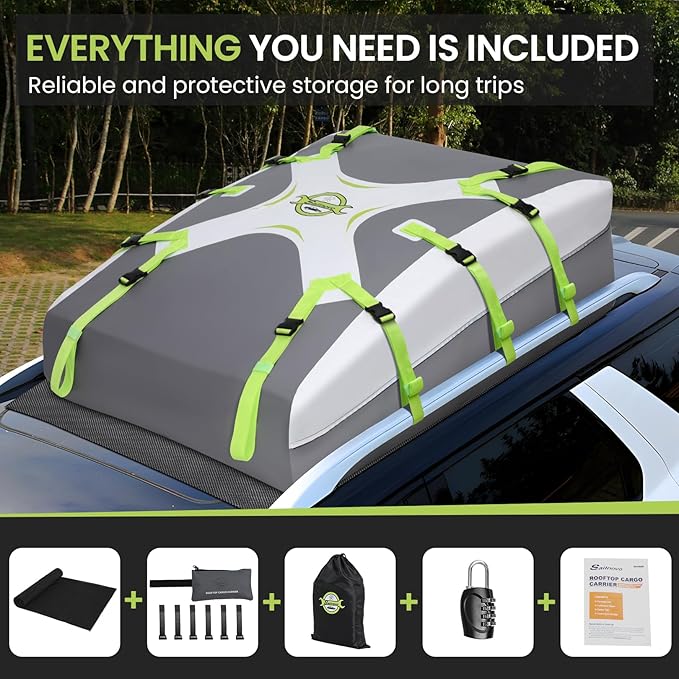 Sailnovo Car Roof Bag Rooftop Cargo Carrier 21 Cubic,Waterproof Cargo Roof Bag for Most Vehicles with/Without Roof Rack with Strap, Anti-Slip Mat,6 Door Hooks(Classic Gray-Green)