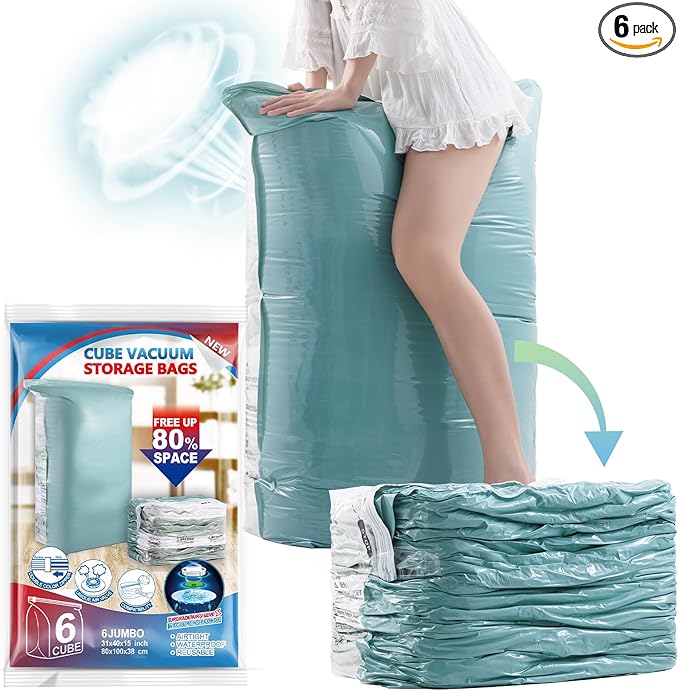 TAILI 6 Pack Vacuum Storage Bags, Jumbo Cube (31x40x15 Inch), Large Vacuum Seal Bags for Clothing, Comforters, Blankets, Bedd