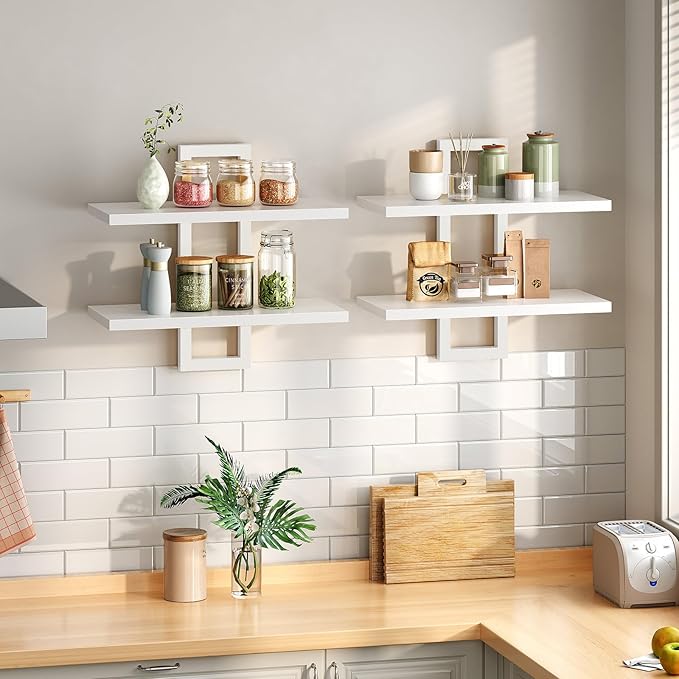 HOOBRO Floating Shelves, 15 Inch Wall Shelf Set of 2, Wall Mounted Storage Shelves 2-Tier, Hanging Bathroom Shelves, for Livi