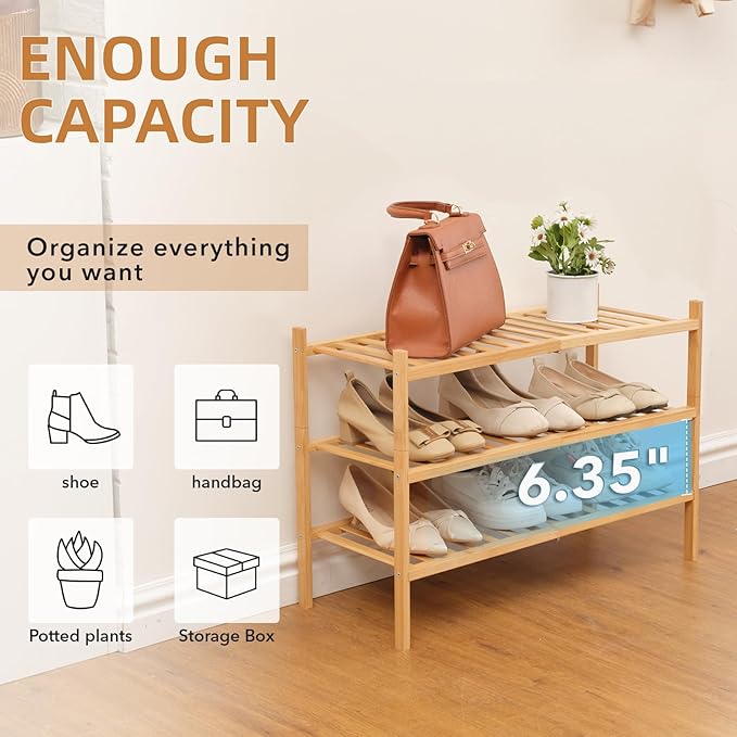 3 Tier Bamboo Shoe Rack Storage Organizer for Closet, Multifunctional Stackable Free Standing Shoe Shelf Organizer for Small 