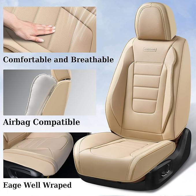 Coverado Front and Back Seat Covers for Cars, Nappa Leather Car Seat Covers, Automotive Seat Covers for Trucks, 5 Seats Water
