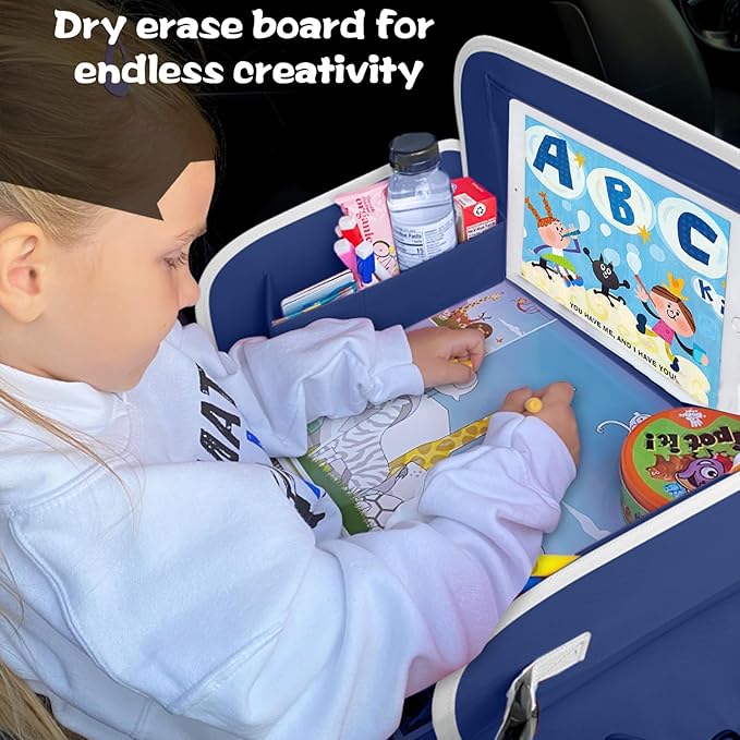 MENZOKE Kids Travel Tray for Toddler Car Seat, Toddler Gift for Boy Activities with Dry Erase Board & iPad Holder Stand, Road