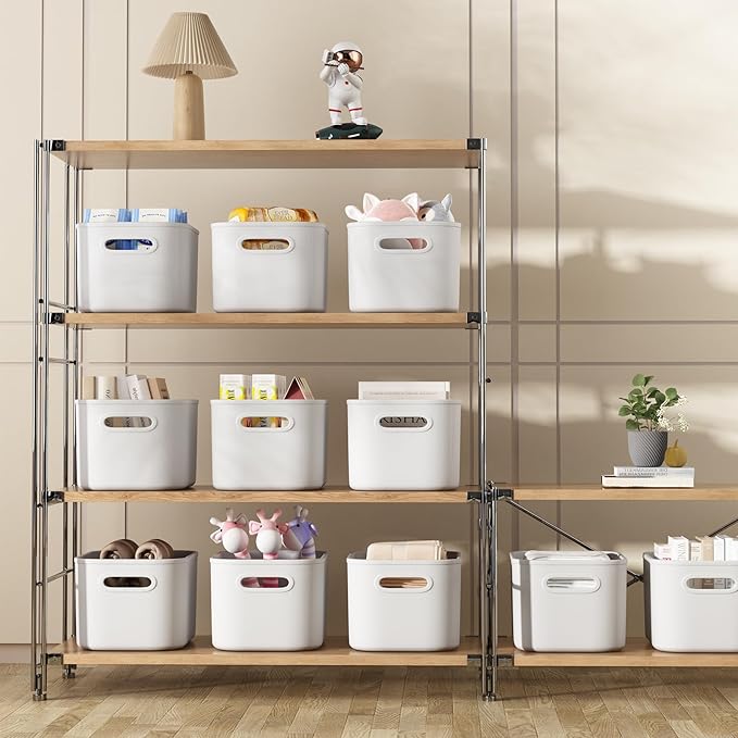 8 Pack White Storage Bins with Lids for Shelves, White Storage Containers with Lids for Organizing, Storage Box with Handle, 
