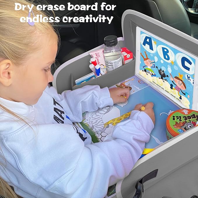 MENZOKE Kids Travel Tray for Toddler Car Seat, Toddler Gift for Boy Activities with Dry Erase Board & iPad Holder Stand, Road