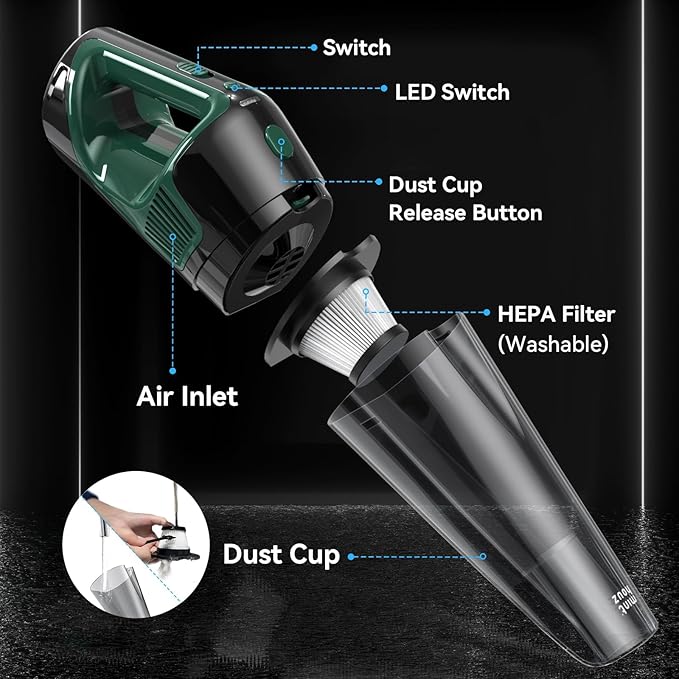 Minthouz Handheld Vacuum Cordless, Strong Suction Car Vacuum Cleaner with LED Light, Long Runtime Hand Vacuum Cordless Rechar