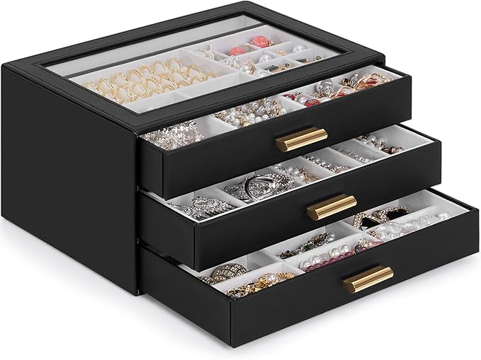 AKOZLIN Jewelry Box with Clear Lid Functional Leather Jewelry Storage Organizer Case 3 Drawers for Women Girls Necklace Ring 