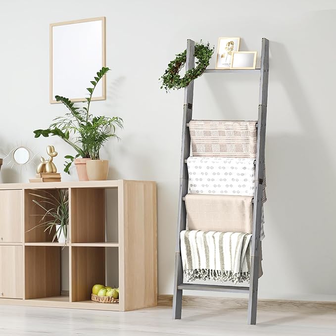 Honest Blanket Ladders for The Living Room, 6-Tier Blanket Holder, Wall-Leaning Blanket Rack, Ladder Shelves, Wooden Quilt La