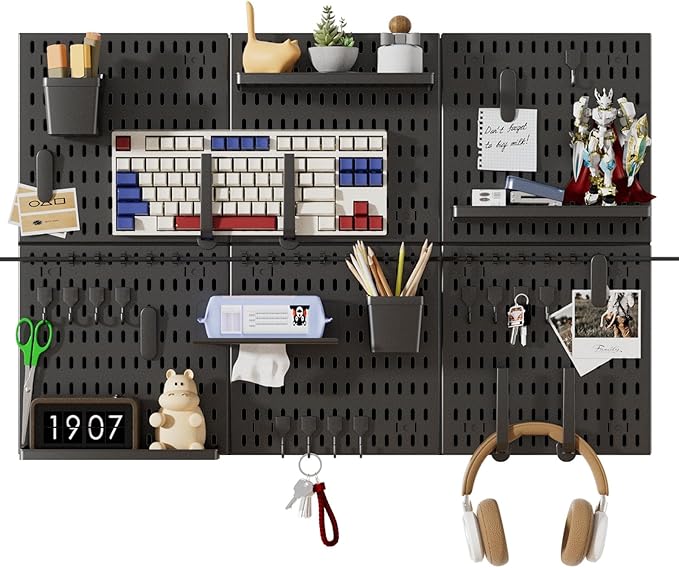 SHGJ&SOFT Peg Board Wall Organizer Panels, 50pcs - Includes 6 Black Pegboards & Accessories, Plastic Pegboard for Home，Office