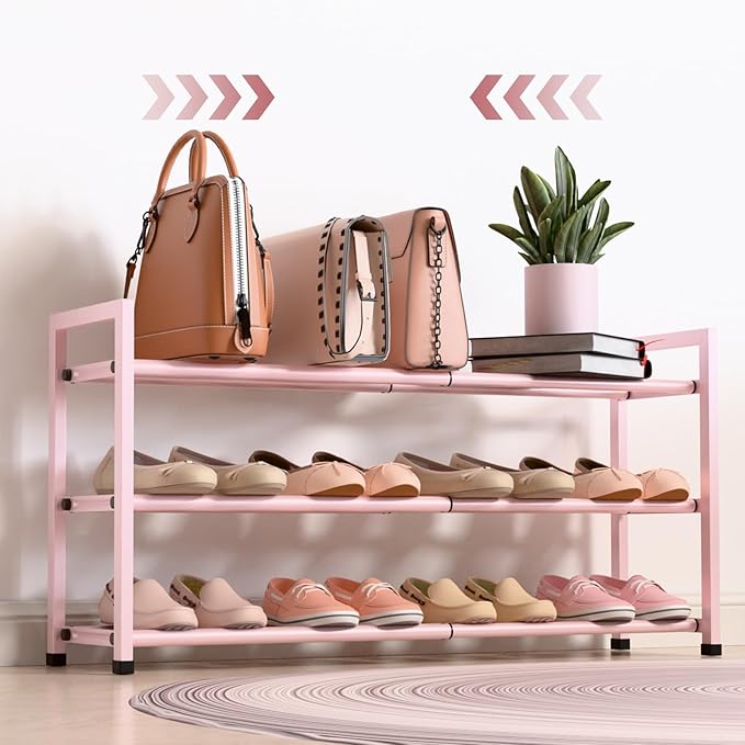 Bumusty 3-Tier Expandable Shoe Rack for Closet, 18“-33” Adjustable Shoe Rack for Small Space, Small Shoe Organizer for Front 