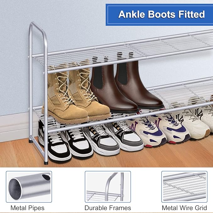 KEETDY 2-Tier Long Shoe Rack for Closet Shoe Organizer for Entryway, Metal Stackable Shoe Storage Shelf for 18 Pairs Sneakers